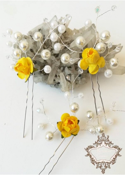 Фуркети- украса за коса с перли и роза Yellow Roses
