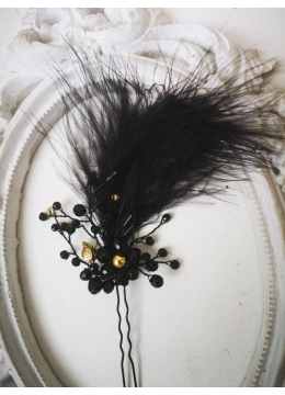 Елегантна украса за коса с кристали Сваровски и черни пера за бал и официални поводи Black Crystal Bird by Rosie