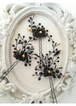 Кристални фуркети за официална прическа в черно и златно Black Orchid - комплект 3 броя