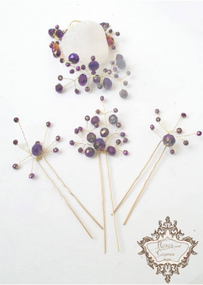 Eфектен комплект за официален повод- кристални фуркети и гривна в лилаво и златно Amethyst Rose