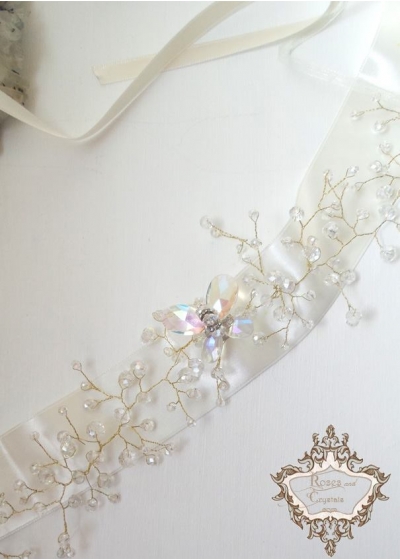Кристален дизайнерски колан за булка Satin White Butterfly by Rosie