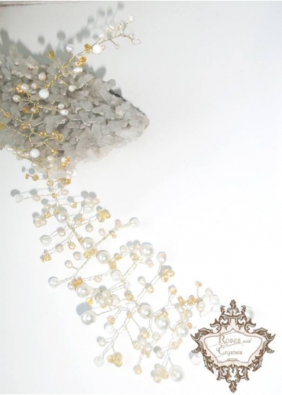 Украса с перли и кристали за официална прическа в бяло и златно Gold Touch