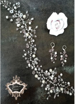 Украса за дълга коса и обици за сватба и абитуриентски бал в бяло и розово Rose Garden by Rosie