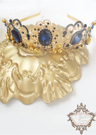 Кристална тиара за коса в златно и тъмно синьо Hermitage Gold Sapphire