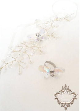 Нежен комплект Украса за булчинска прическа и пръстен с кристали Сваровски Crystal Butterfly Gold by Rosie