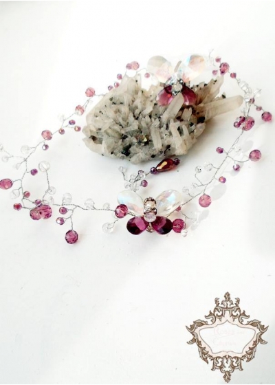 Комплект кристална диадема за коса и пръстен с пеперуди в лилаво и бяло Violet Butterfly