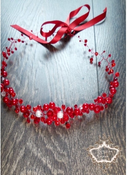 Диадема - украса за коса от червени кристали и перли Red- White