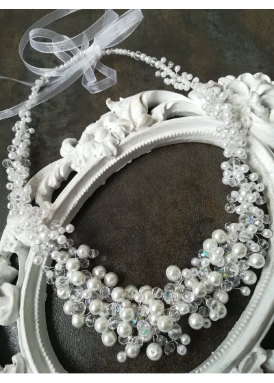 Кристална диадема за булка с бели перли и кристали Сваровски White Crystal Magic