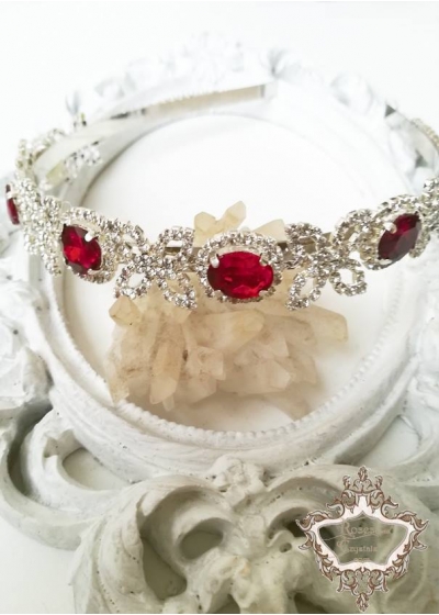 Уникална дизайнерска диадема за бал и сватба с кристали в червено и бяло Ruby Rose