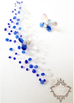 Дизайнерски комплект гривна и пръстен от Сваровски кристали цвят тъмно синьо и бяло серия Crystal Butterfly Blue by Rosie