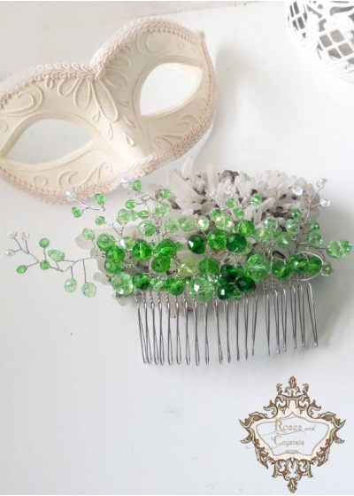 Дизайнерска украса за коса на гребен с зелени кристали Green Flowers