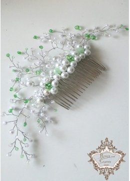 Дизайнерски гребен- украса за коса с бели и зелени кристали и перли Lilly of the Valley Flowers