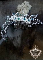Абитуриентска кристална украса за коса в бяло и тъмен тюркоаз - Sea Flowers