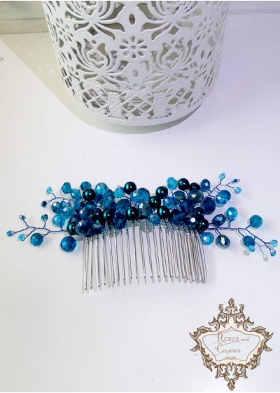 Дизайнерски аксесоар за коса на гребен с кристали и перли в тюркоазено - Turquoise Flowers