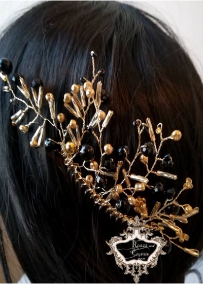 Дизайнерски гребен-украса за коса с кристали златно и черно Belle Epoque -Black