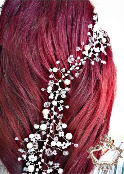 Дизайнерска украса за коса с кристали- розово и бяло Rose Garden Hair Vine -long