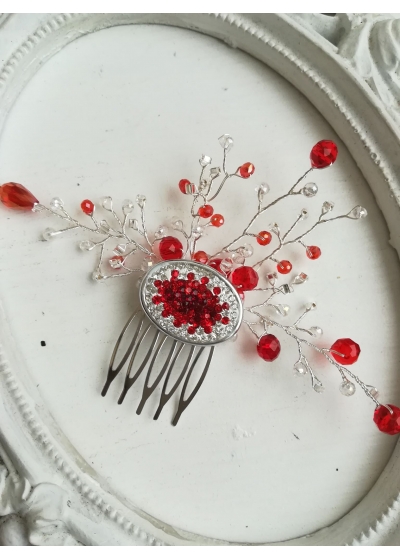 Дизайнерски кристален гребен украса за коса в червено и бяло модел Crystals and shine Red by Rosie