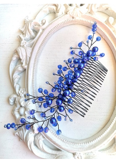 Дизайнерска украса за официална прическа с гребен с кристали Сваровски в кралско синьо модел Blue Garden by Rosie