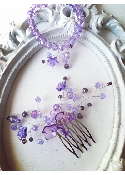 Комплект Tender Verbena by Rosie - кристално гребенче - украса за коса и гривна в лилаво