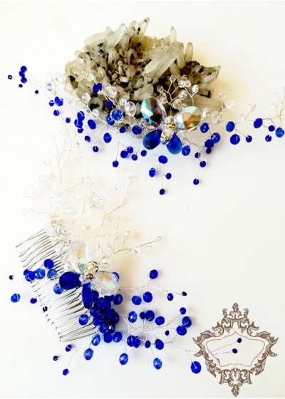 Комплект гребен - украса за коса и гривна с кристали в кралско синьо и бяло модел Crystal Butterfly Blue by Rosie