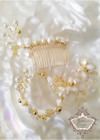 Комплект сватбена украса за коса- гребен, гривна и обици Gardenia Gold by Rosie