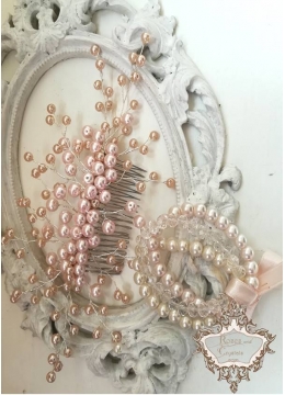 Нежен комплект гребен -украса за коса и гривни с розови перли и кристали Rose Blush Pearls