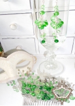 Абитуриентски комплект кристален гребен за коса и висящи обици Green Flowers