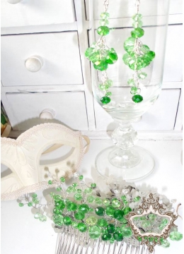 Абитуриентски комплект кристален гребен за коса и висящи обици Green Flowers