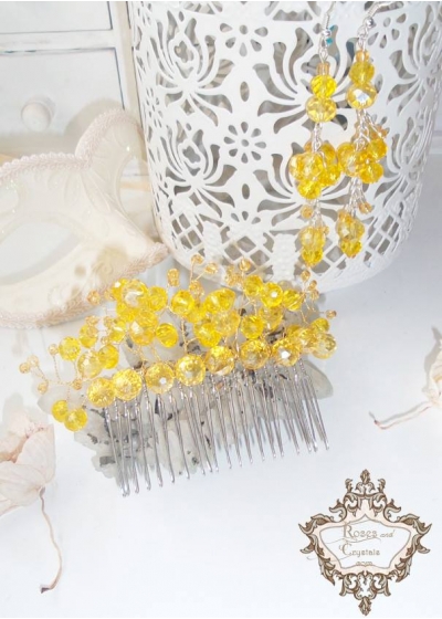 Комплект гребен- украса за официални прически и дълги обици от кристали в жълто Sun Flowers