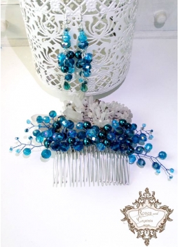 Комплект кристален гребен за коса и обици от перли и кристали Сваровски Turquoise Flowers