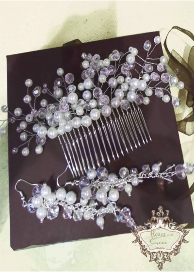 Уникален комплект булчински гребен-украса за коса и обици с перли и кристали White Bride