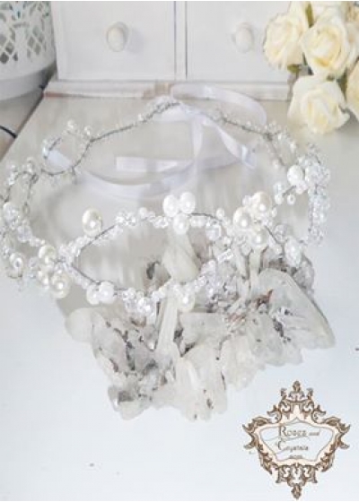 Сватбена дизайнерска диадема сребро, перли и кристали модел Silver Infinity